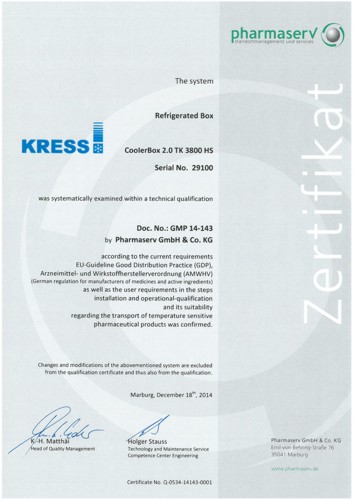 GDP-Pharma-Qualification Certificate for Refrigerated Vehicles